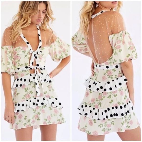 FOR LOVE & LEMONS Butterscotch Tiered Mini Dress In Floral Polka Print m - Picture 2 of 14
